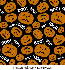 Halloween seamless pattern with funny pumpkin and text Boo. Repetitive vector wallpaper.