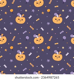 Patrón sin fisuras de Halloween con calabazas divertidas y dulces. Felices antecedentes infantiles de Halloween con elementos de diseño. Ideal para tarjetas, carteles, impresiones, aniversario, invitación y decoración de fiestas