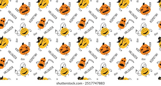 Patrón de Halloween sin fisuras de calabazas divertidas y palabras escritas a mano. Verduras dibujadas a mano con cara y emociones, pirata y mago con poción. Anuncio sin fin para envolver papel, impresiones y tarjetas