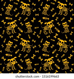 Halloween seamless pattern. Funny skeleton, skull and bones. Vector pattern with dog skeleton and cat skeleton on a black background