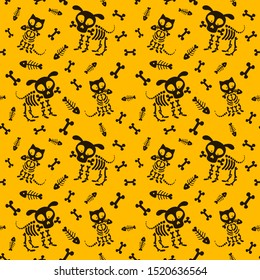 Halloween seamless pattern. Funny skeleton, skull and bones. Vector pattern with dog skeleton and cat skeleton on a black background