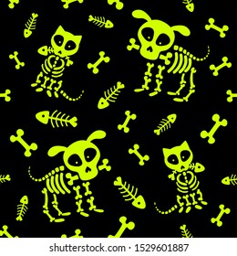 Halloween seamless pattern. Funny skeleton, skull and bones. Vector pattern with dog skeleton and cat skeleton on a black background