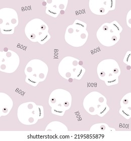 Halloween seamless pattern with funny skulls. Vector hand drawn illustration.