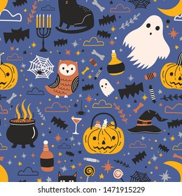 Halloween seamless pattern with funny spooky magic creatures and items on dark background - ghost, Jack-o'-lantern, black cat, owl, spider web. Flat cartoon vector illustration for textile print.