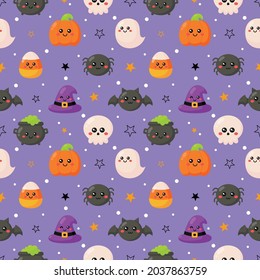 Halloween seamless pattern with funny spooky on purple background. vector Illustration.