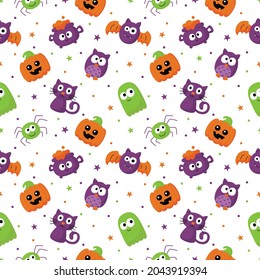 Halloween seamless pattern with funny spooky on white background. vector Illustration.