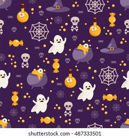 Halloween seamless pattern. Funny vector illustration with ghost, candy, potion and spider web on dark background. For printing, backdrop and textile.