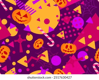 Nahtloses Halloween-Muster mit geometrischen Formen im Memphis-Stil der 80er Jahre. Halloween geschnitzter Kürbis mit Lollis, Kreuzen und Grabsteinen. Jack oder Laterne, Trick oder behandeln. Vektorgrafik