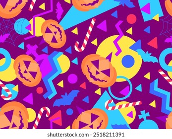 Nahtloses Halloween-Muster mit geometrischen Formen im Memphis-Stil der 80er Jahre. Halloween geschnitzter Kürbis mit Lollis, Kreuzen und Grabsteinen. Jack oder Laterne, Trick oder behandeln. Vektorgrafik