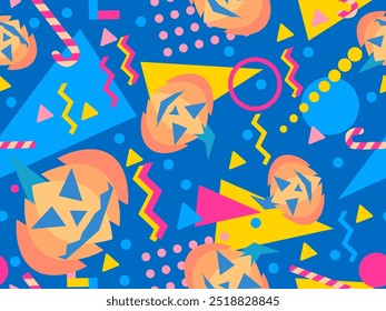 Halloween seamless pattern with geometric shapes in 80s memphis style. Halloween carved pumpkin with lollipops and geometric shapes. Jack o lantern, trick or treat. Vector illustration