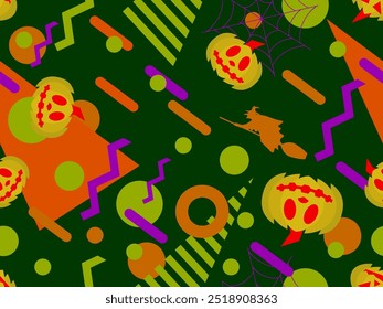 Halloween seamless pattern with geometric shapes in 80s Memphis style. Carved Halloween pumpkin with flying witches on a broomstick. Jack-o-lantern, trick or treat. Vector illustration