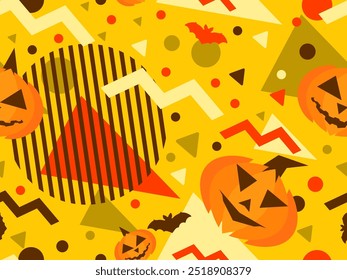 Dia das Bruxas padrão perfeito com formas geométricas em estilo memphis dos anos 80. O Halloween esculpiu a abóbora com morcegos e formas geométricas. Jack o lanterna, truque ou deleite. Ilustração vetorial