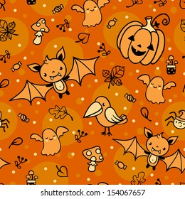 Halloween seamless pattern with ghost, bat, pumpkin, crow, mushroom, spider.
