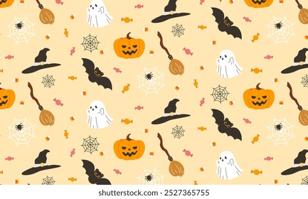 Halloween padrão perfeito de fantasma, morcego, abóbora Jack-O-Lantern, aranha e doces. Ilustração para papel de parede, pano de fundo, fundo, papel de embrulho, têxtil, banner, cartão de convite. Dia das Bruxas.