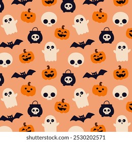 Halloween seamless pattern. Ghost, bat, pumpkin, skull and witch's cauldron repeat on orange background. Trendy holiday design. Vector illustration.