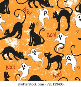 Halloween seamless pattern with ghost and black cat on dark orange background. Hand drawn  illustration. Vector design.