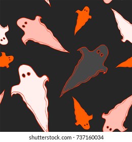Halloween seamless pattern with ghost. Bright cartoon print. Childish background for october holiday.Spirit silhouette background for paper, wrapping, banner, poster, cover, advertisement, fabric.