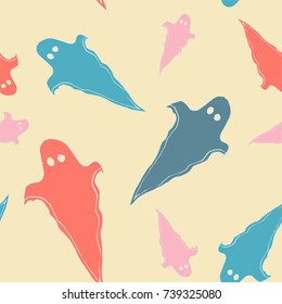 Halloween seamless pattern with ghost. Bright cartoon print. Childish background for october holiday.Spirit silhouette background for paper, wrapping, banner, poster, cover, advertisement, fabric.