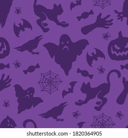 Halloween seamless pattern with ghost cats spiders candies bats pumpkin spiderweb crow owl zombie hands in purple color vector illustration