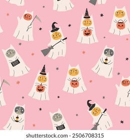 Halloween seamless pattern with ghost cats on pink background. Vector illustration of Halloween party. Cute funny ghosts. Spooky halloween kittens. For fabric, textile, wrapping paper, gift wrapping