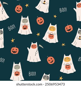 Halloween seamless pattern with ghost cats on dark background. Vector illustration of Halloween party. Cute funny ghosts. Spooky halloween kittens. October night celebration wallpaper