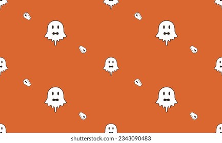 Halloween seamless pattern with ghost and coffin in orange background. Halloween greeting cards. holiday season wallpaper, gift paper, pattern fills, web page background.