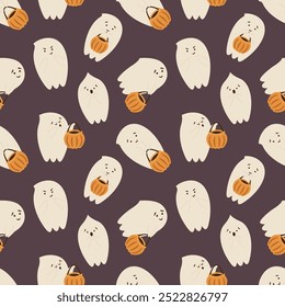 Halloween seamless pattern with ghost. Cute ghosts with candy basket on retro background. Good print for textile, wrapping paper and decoration.