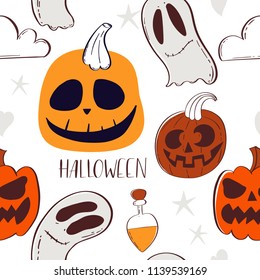 Halloween seamless pattern with ghost, elixir, pumpkin. Beautiful vector background for decoration halloween designs.