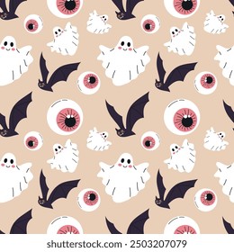 halloween seamless pattern with ghost, eye and bat