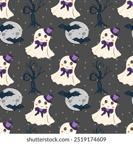 Halloween seamless pattern with ghost, full moon, bat and scary tree. Vector background for design textile or backdrop. Halloween holiday concept