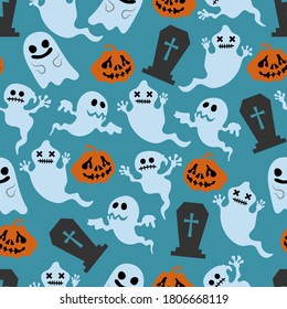 Halloween seamless pattern with ghost, grave and pumpkin. Cemetery pattern. Ghosts, graves and pumpkins. 