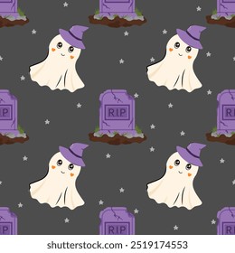 Halloween seamless pattern with ghost and grave RIP. Vector background for design textile or backdrop. Halloween holiday concept