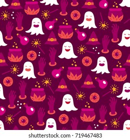 Halloween seamless pattern with ghost, hands, eye, potion, witch hat, magic stick, pot on dark background. Perfect for wallpaper and greeting cards
