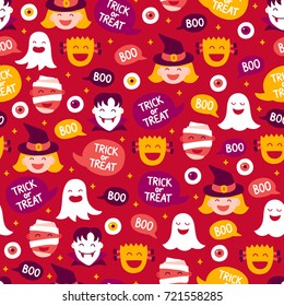 Halloween seamless pattern with ghost, mummy, witch, vampire, eye on white background. Perfect for wallpaper and greeting cards
