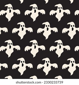 Halloween-nahtloses Muster mit Geist auf schwarzem Hintergrund, Vektorgrafik