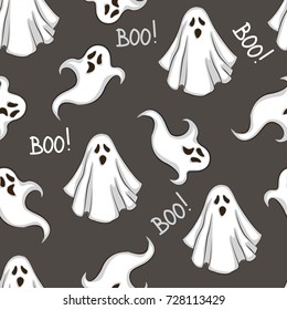 Halloween seamless pattern with ghost on black  background. Hand drawing vector illustration. Hand drawn  illustration. Vector design.