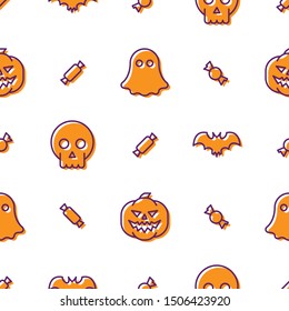 Halloween seamless pattern with ghost, pumpkin, skull, bat and candies. Purple lines, orange flat fill, modern simple style. For wrapping paper decoration. Vector illustration on white background.