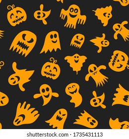 Halloween seamless pattern with ghost and pumpkin. Vector illustration.