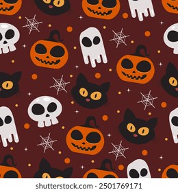 Halloween seamless pattern with ghost, pumpkin, skull, and cat perfect for wrapping paper. Cute Halloween pattern illustration