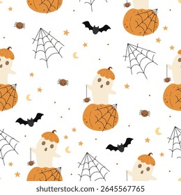 Halloween seamless pattern with ghost, pumpkin, spider, spiderweb, bat. Spooky Halloween hand drawn vector pattern in flat style
