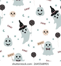 Halloween seamless pattern with ghost, pumpkin, skull. Spooky Halloween hand drawn vector pattern in flat style