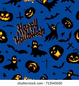 Halloween seamless pattern with ghost and pumpkin, vector illustration in trendy flat design style.For decoration, fabric, textile, wrapping paper and other decoration design.