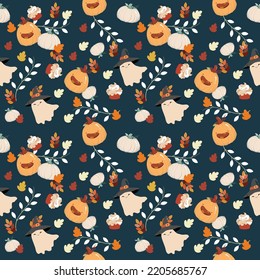 Halloween seamless pattern, the ghost sheet who wears a black witch hat, cute pumpkin, colorful leaves and cupcake with dark navy blue background.