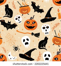 Halloween seamless pattern with ghost, skull, witch broom, spider, web, pumpkin, bat and black cat, cauldron on pastel orange background, Halloween Autumn Pattern vector illustration.