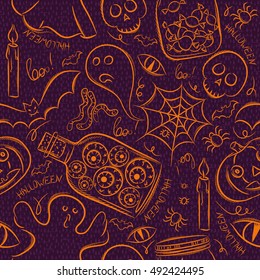 Halloween seamless Pattern with ghost, skull and pumpkin