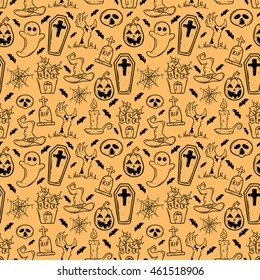 Halloween seamless pattern with ghost, tombstone, zombie hand, witch hat and castle on orange background