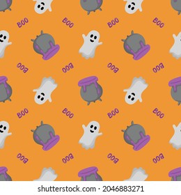Halloween seamless pattern with a ghost and a witch's cauldron