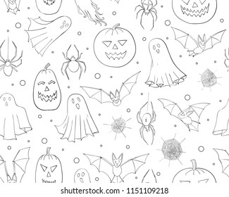 Halloween seamless pattern. Ghosts, bats, pumpkin heads and spiders.