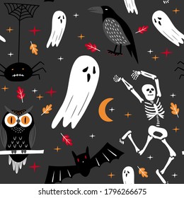 Halloween seamless pattern with ghosts, bats, bones, spiders and owls. Vector hand drawn illustration.