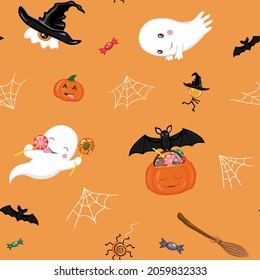 Halloween seamless pattern with ghosts, bats, pumpkins and sweets on yellow background